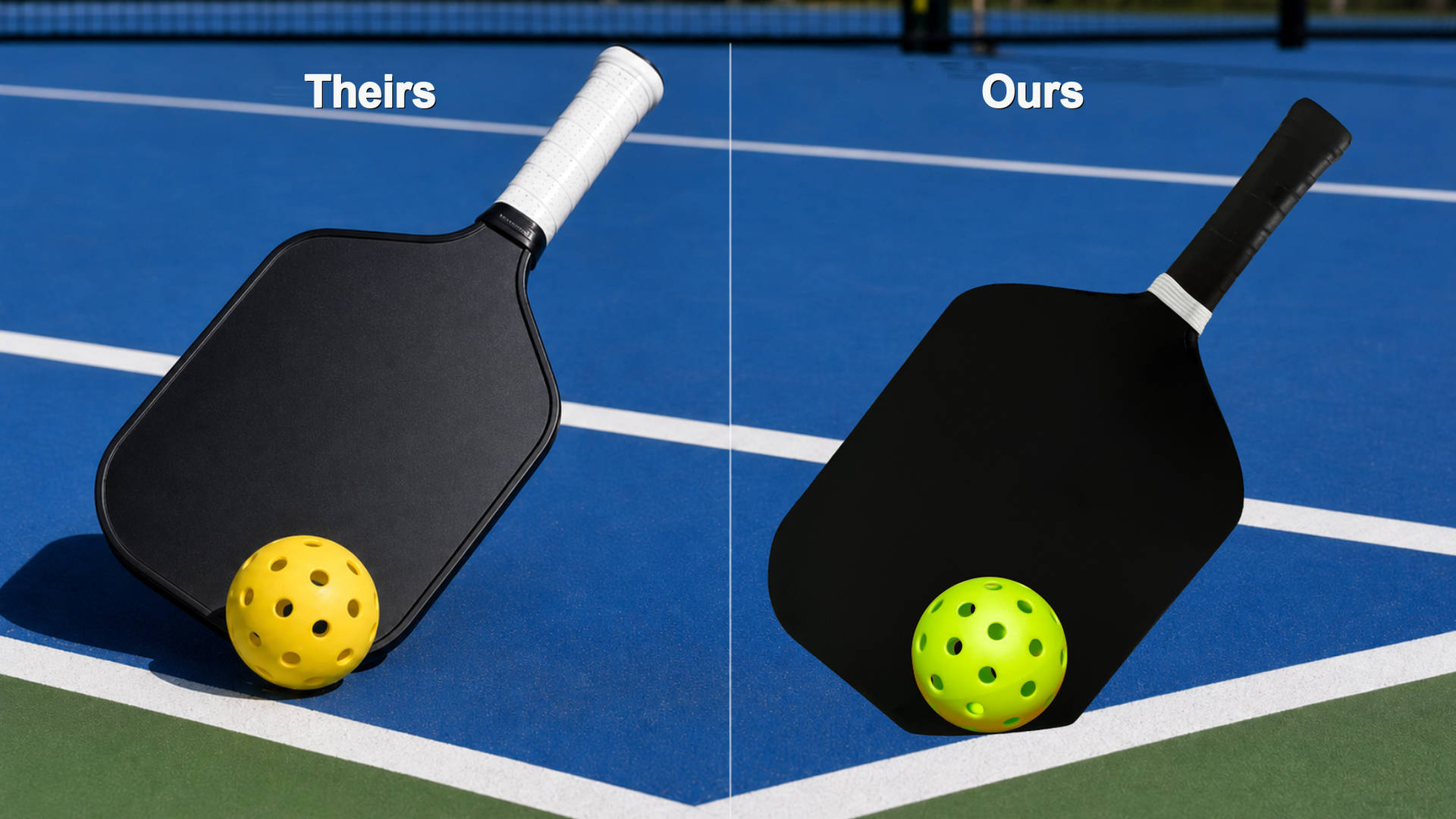 Comparison of theirs and ours pickleball paddles on a pickleball court